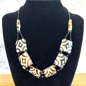 Vintage African Batik Bone Necklace with Black and White Geometric Pattern